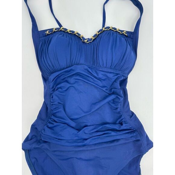 Longitude Swimsuit One Piece Blue Gold Chain Ruched Slimming Full Coverage Sz 8 - Picture 2 of 5